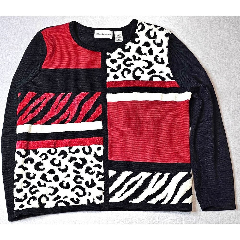 Alfred Dunner Womens Large Black & Red Animal Print Sweater